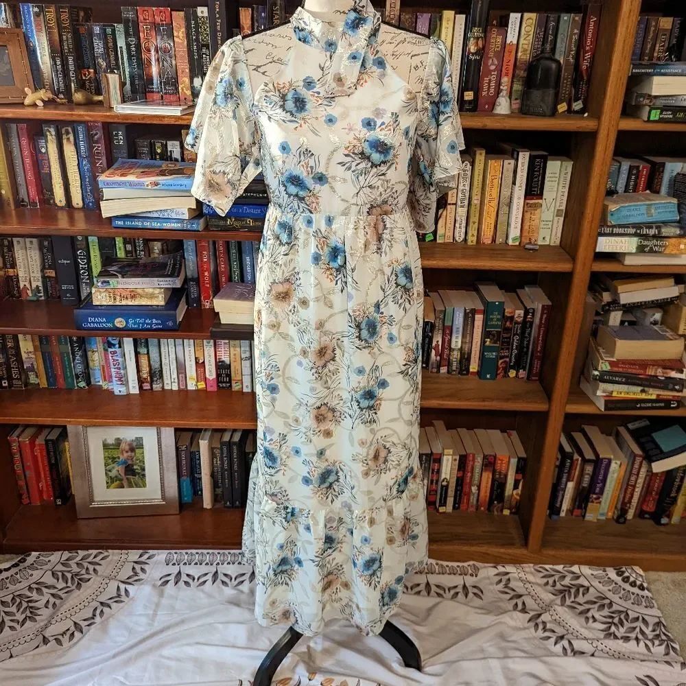 𝅺caballero anthro high neck cold shoulder ruffle hem floral metallic maxi  nwot